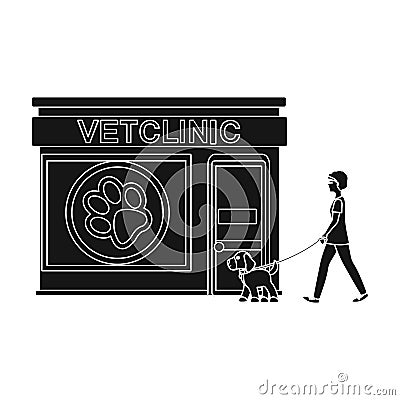 Visiting the vet clinic, the pet,dog on a leash with the hostess. Pet,dog care single icon in black style vector symbol Vector Illustration