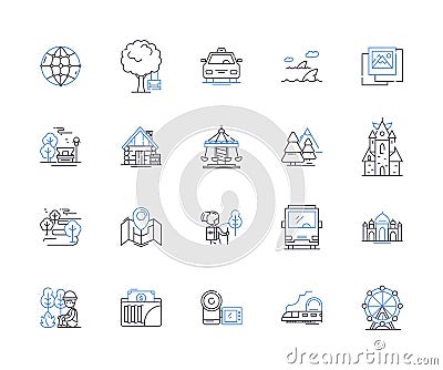 Visitor center line icons collection. Exhibit, Orientation, Information, Brochure, Interactive, Gift shop, Maps vector Vector Illustration