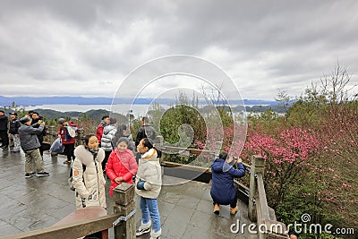 visitor view the Thousand Island Lake in cloudy day, adobe rgb Editorial Stock Photo