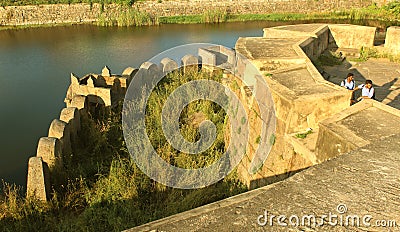 Visitors on the big fort battlement and large wall at vellore fort Editorial Stock Photo