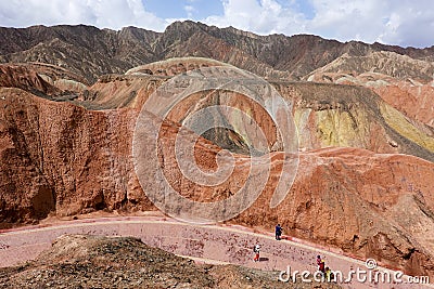 Visitors and Colorful Danxia landform in Zhangye city, China Editorial Stock Photo