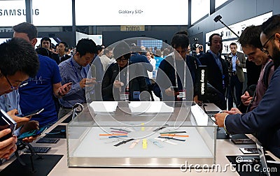 Visitors at Samsung booth at MWC19 in Barcelona Editorial Stock Photo