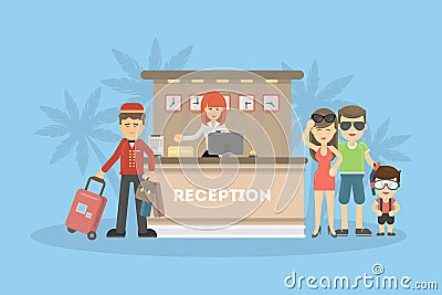 Visitors at the hotel reception. Vector Illustration