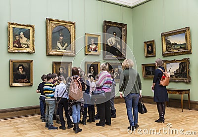 Visitors to the hall of famous Russian painter Orest Kiprensky in the Tretyakov gallery, Moscow Editorial Stock Photo