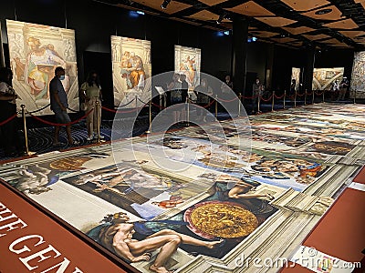 Visitors View Ceiling Fresco Paintings in Sistine Chapel by Michelangelo in Auckland New Zealand Editorial Stock Photo