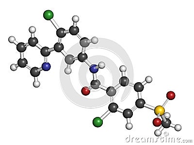 Vismodegib cancer drug molecule. Used in treatment of basal cell carcinoma. Atoms are represented as spheres with conventional Stock Photo