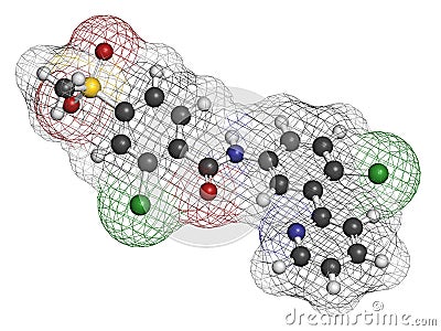 Vismodegib cancer drug molecule. Used in treatment of basal cell carcinoma. Atoms are represented as spheres with conventional Stock Photo