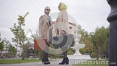 Vista lateral de mulheres caucasianas maduras em roupas elegantes e óculos de sol em pé com sacos de viagem e conversando Dois ad vídeos de arquivo Vista lateral de mulheres caucasianas maduras em roupas elegantes e óculos de sol em pé com sacos de viagem e conversando Dois ad vídeos de arquivo