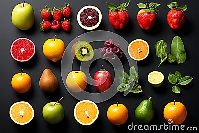 A visual collage featuring a diverse assortment of fruit types Stock Photo