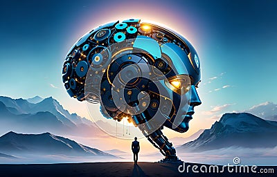 visual concept of Artificial intelligence as huge robot against beautiful landscape. high tech background. Ai generated Stock Photo
