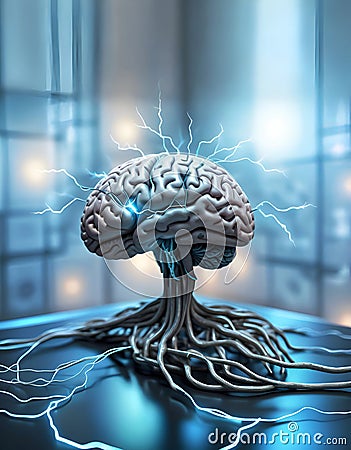 visual concept of Artificial intelligence as robot, Ai digital brains against blue lights background. machine learning and Stock Photo