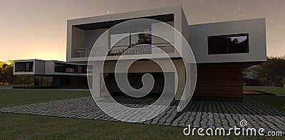 Early morning in a village. Garage is openning. Luxury architecture. 3d render. Stock Photo