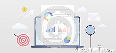 Visual Data Marketing modern flat vector banner illustration. Business data visualization with laptop and open document Vector Illustration