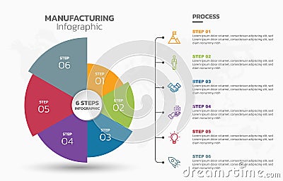 Visual data presentation. Cycle diagram with 6 options. Pie Chart Circle infographic template with 6 steps, options, parts, Vector Illustration