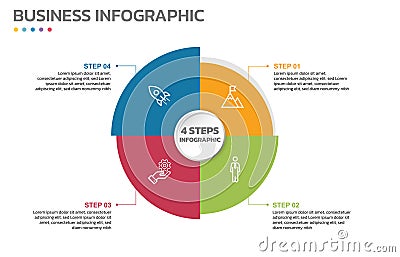 Visual data presentation. Cycle diagram with 4 options. Pie Chart Circle infographic template with 4 steps, options, parts, Vector Illustration