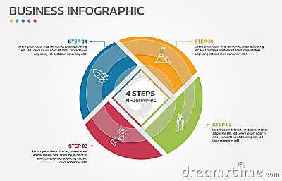 Visual data presentation. Cycle diagram with 4 options. Pie Chart Circle infographic template with 4 steps, options, parts, Vector Illustration