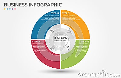 Visual data presentation. Cycle diagram with 4 options. Pie Chart Circle infographic template with 4 steps, options, parts, Vector Illustration