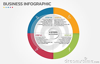 Visual data presentation. Cycle diagram with 4 options. Pie Chart Circle infographic template with 4 steps, options, parts, Vector Illustration