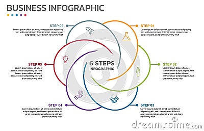 Visual data presentation. Cycle diagram with 6 options. Pie Chart Circle thin line infographic template with 6 steps, options, Cartoon Illustration