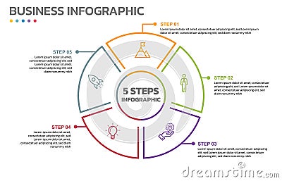 Visual data presentation. Cycle diagram with 5 options. Pie Chart Circle thin line infographic template with 5 steps, options, Vector Illustration