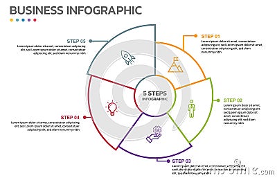 Visual data presentation. Cycle diagram with 5 options. Pie Chart Circle thin line infographic template with 5 steps, options, Vector Illustration