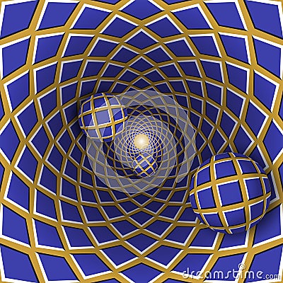 Visual illusion illustration. Three checkered balls are moving on checkered blue golden hole. Vector Illustration