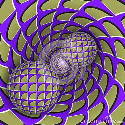 Visual illusion illustration. Two balls are moving on rotating mottled blue purple green hole. Vector Illustration