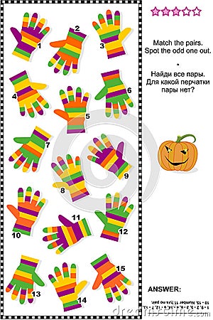 Visual logic puzzle with colorful striped gloves Vector Illustration