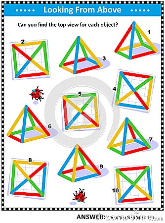 Visual math puzzle - find the top view for colorful wire objects Vector Illustration