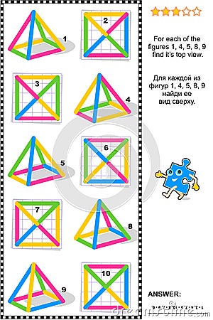 Visual math puzzle - find the top view for wire objects Vector Illustration