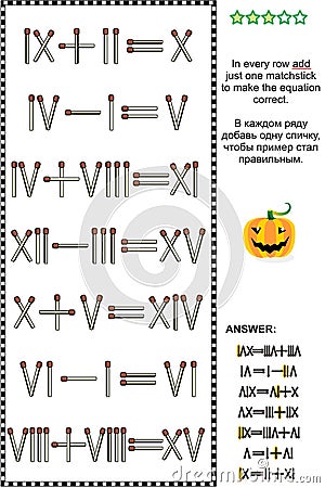 Visual math puzzle with roman numerals and matchsticks Vector Illustration