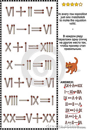 Visual math puzzle with roman numerals and matchsticks Vector Illustration