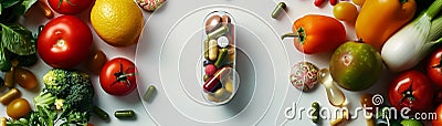 A visual ode to wellness with a capsule full of multivitamins at the heart of a circle of colorful vegetables and fruits Stock Photo