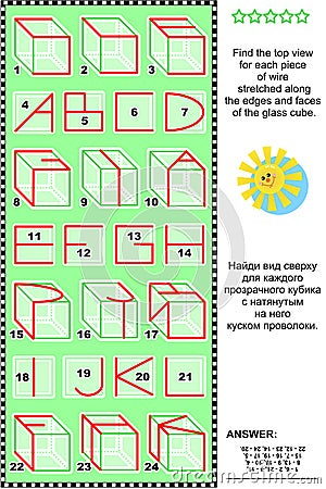 Visual puzzle - find the top view of glass cubes with wireframes Vector Illustration