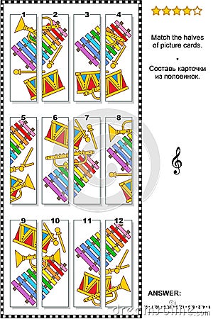 Visual puzzle - match the halves - musical instruments Vector Illustration