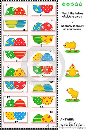 Visual puzzle - match the halves - painted eggs Vector Illustration