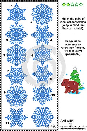 Visual puzzle - match the pairs of identical snowflakes Vector Illustration