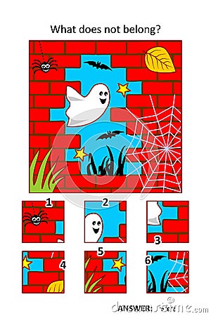 Visual puzzle with picture fragments. Halloween ghost in tne night, red brick wall ruin, spider, bats. What does not belong? Vector Illustration