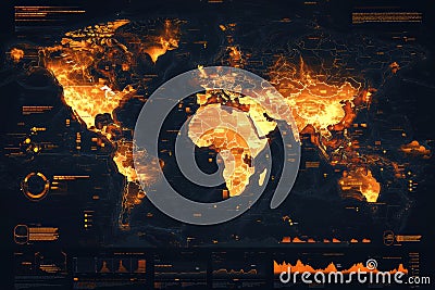 Global heatmap depicting temperature changes and climate data across continents in an abstract style. Generative AI Stock Photo