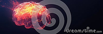 Visual representation of a human brain constructed from vibrant neural networks, set against a dark background providing Stock Photo