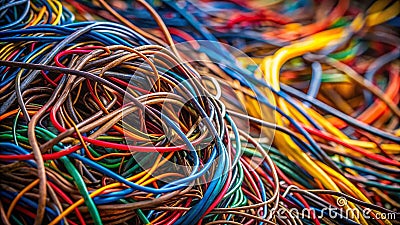 A Visual Representation of Technology Overload Tangled Wires Cable Clutter and the Frustration of Network Issues Stock Photo