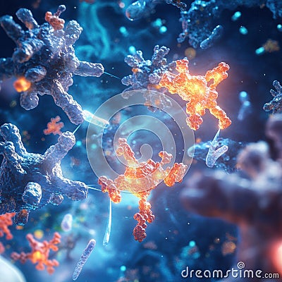 Visualization of antibodies actively targeting and neutralizing glowing viruses in a dynamic environment. Generative AI Stock Photo