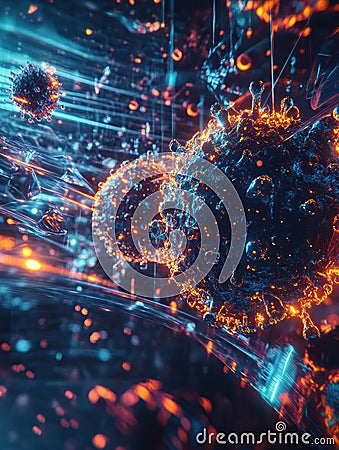 Visualization of antibodies attacking pathogens in dynamic cellular environment during immune response. Generative AI Stock Photo