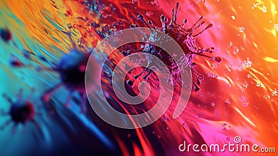 Visualization of antibodies attacking virus particles in a dynamic color rich environment. Generative AI Stock Photo