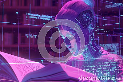 Visualization artificial intelligence reading book representing creative thinking and idea in futuristic library. Stock Photo