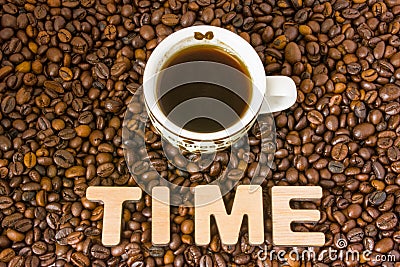 Visualization of the concept or action Time Coffee. Word time, which is lined with large, 3D letters, lies in scattered roasted be Stock Photo