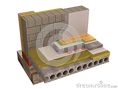 Visualization of concrete floor insulation, 3D render, Computer generated image. Stock Photo