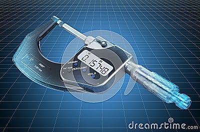 Visualization 3d cad model of digital micrometer, blueprint. 3D rendering Stock Photo