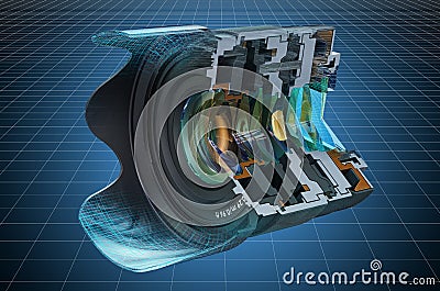 Visualization 3d cad model of sectional of camera lens, fixed focal length lens. 3D rendering Stock Photo