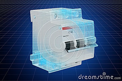 Visualization 3d cad model of three-pole miniature circuit breaker, blueprint. 3D rendering Stock Photo